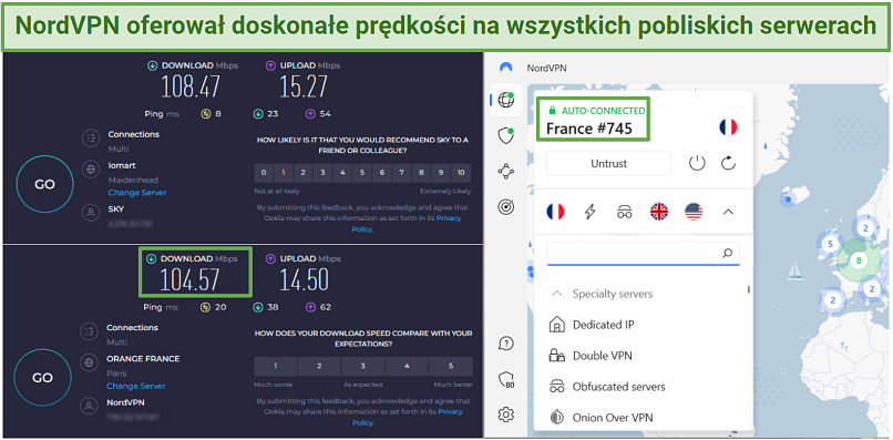 Screenshot of Ookla speed tests with no VPN connected and connected to NordVPN's Paris server