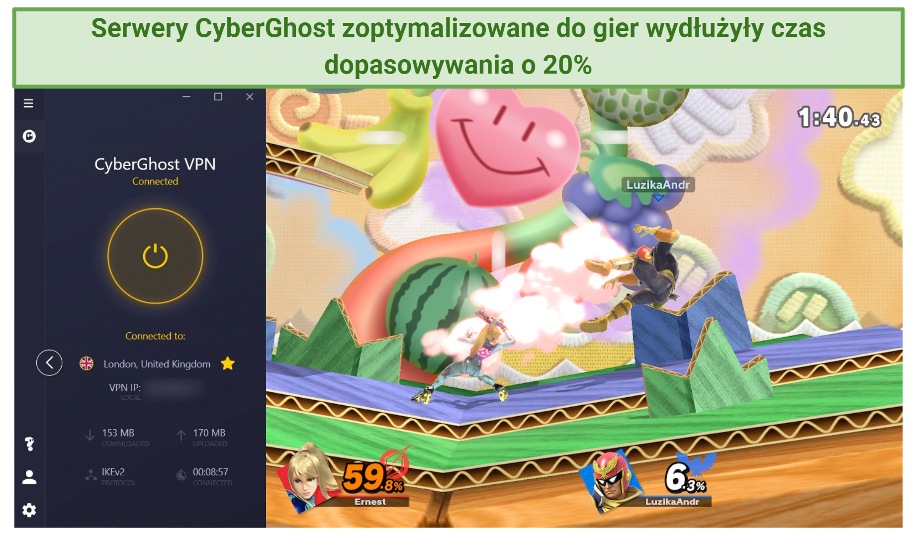 Screenshot of CyberGhost VPN working well with Super Smash Bros. Ultimate