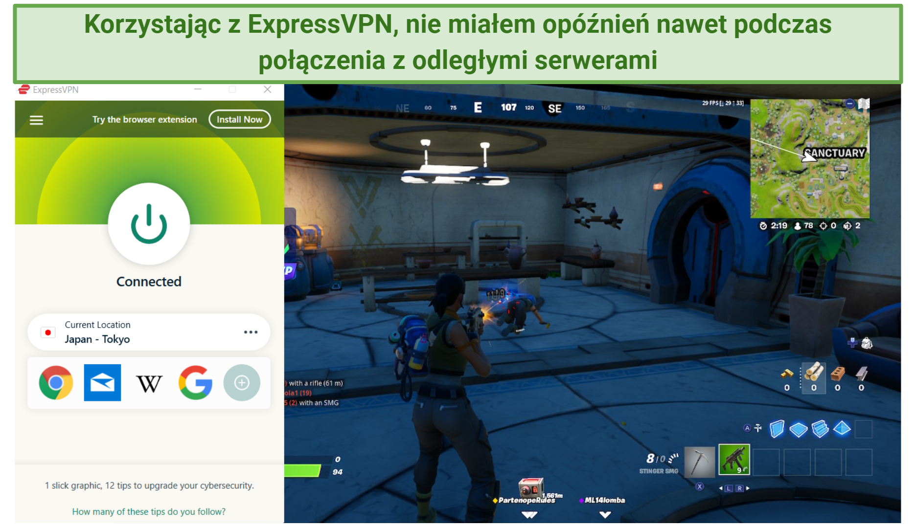 Screenshot of ExpressVPN working with Fortnite game