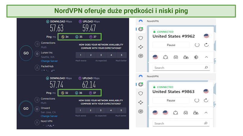 Screenshot showing NordVPN's speed test results