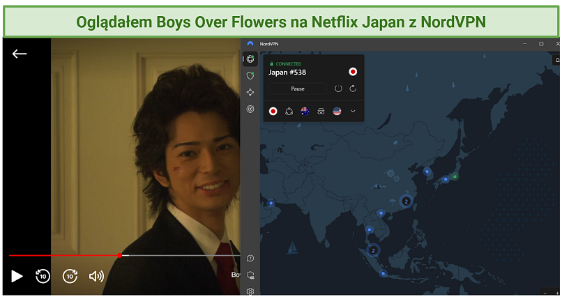 Screenshot of NordVPN accessing Netflix Japan and streaming Boys Over Flowers