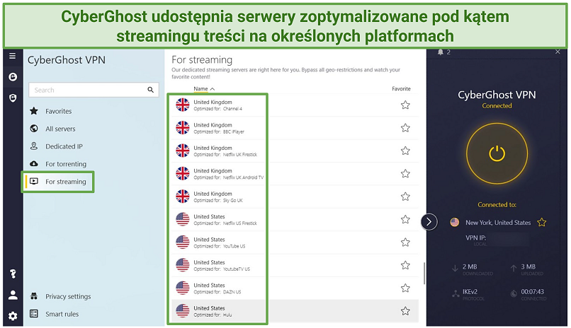 Screenshot of CyberGhost's Windows app interface showing the For Streaming Menu list of streaming-optimized servers