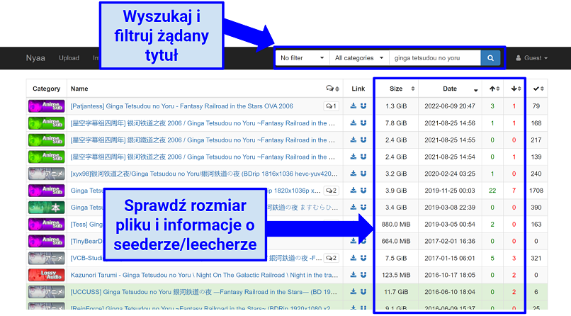 Screenshot of NYAA.sis interface showing how you can search and filter files
