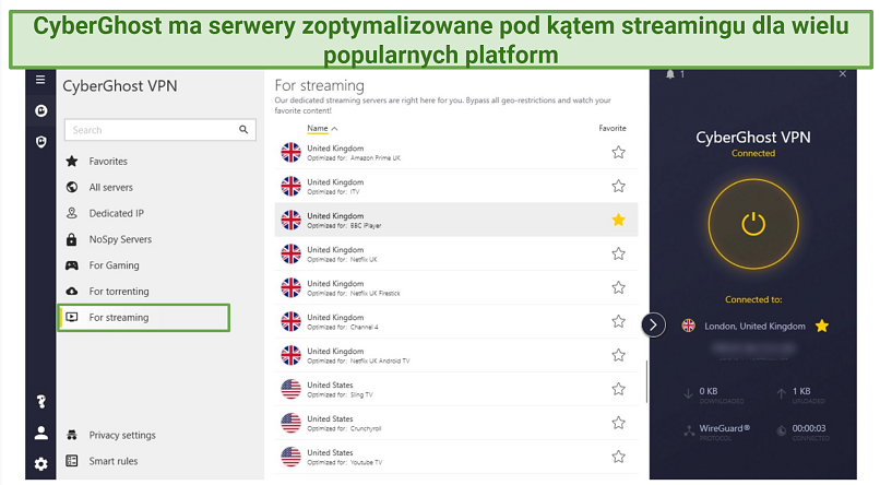 screenshot showing CyberGhost's streaming-optimized servers
