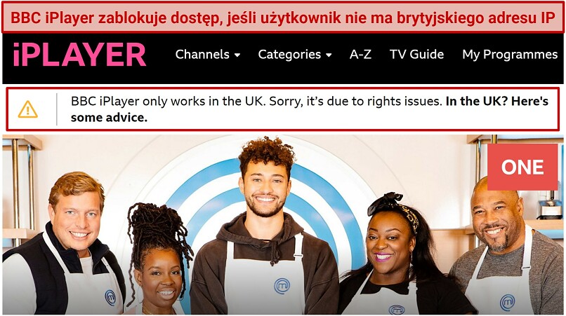 A screenshot of BBC iPlayer showing an error message when connecting to it from outside the UK