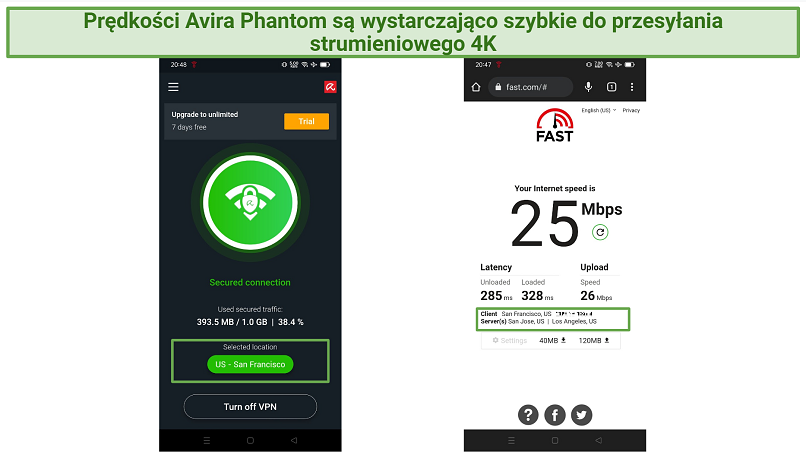 screenshot showing speed test results with Avira Phantom VPN connected