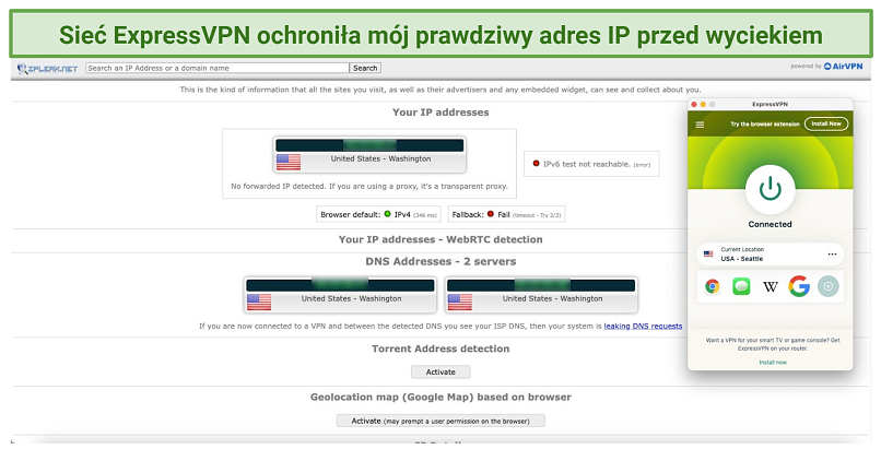 Screenshot showing ExpressVPN leak protection working