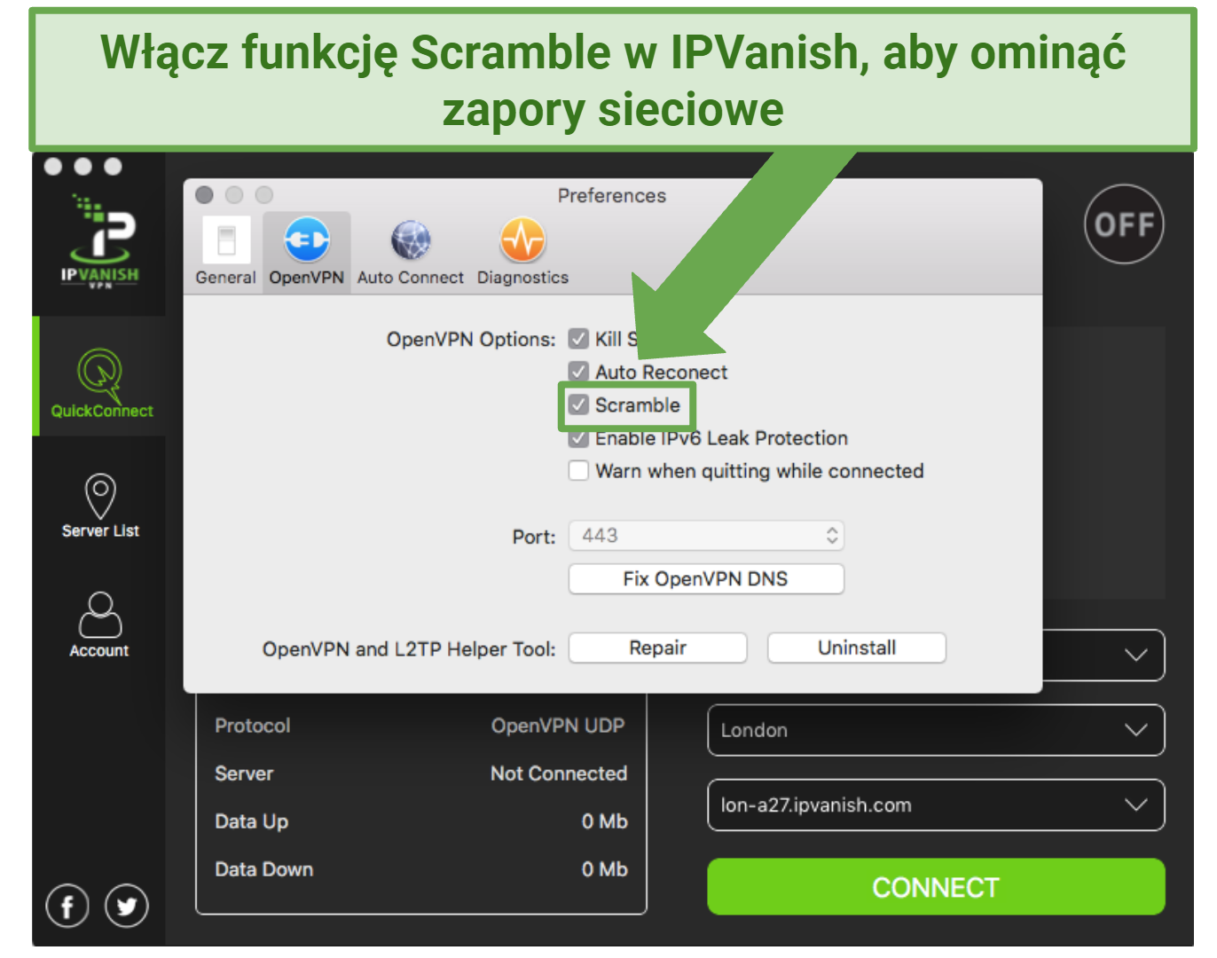 A screenshot of the IPVanish app security settings, showing the Scramble feature toggled on