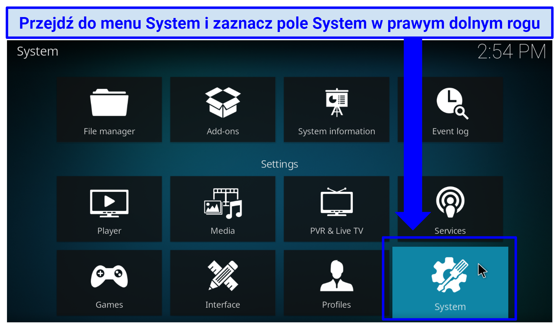 A screenshot showing Kodi's System box that takes you to the addon area