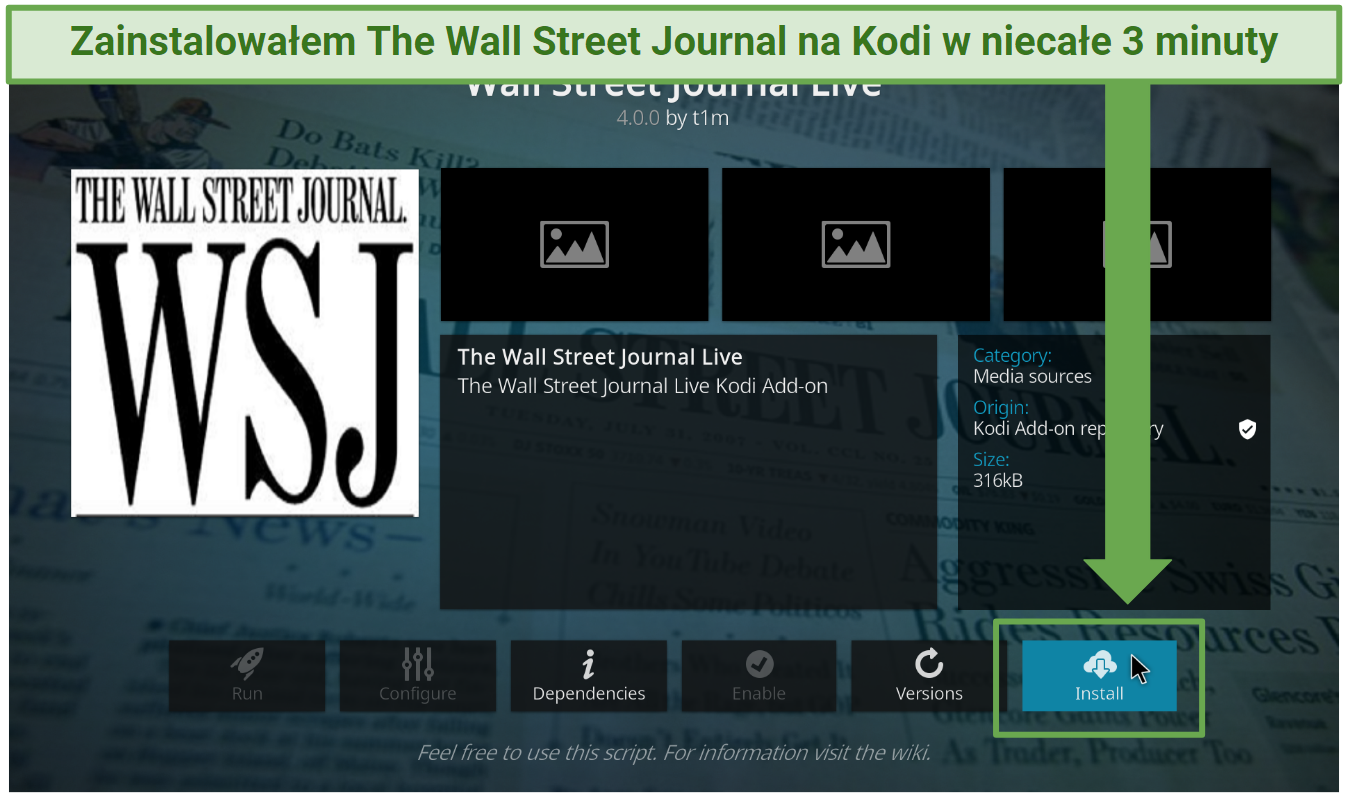 A screenshot showing you can install The Wall Street Journal addon on Kodi