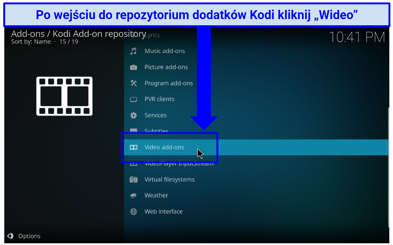 A screenshot the Video add-on option that takes you directly to official Kodi add-ons