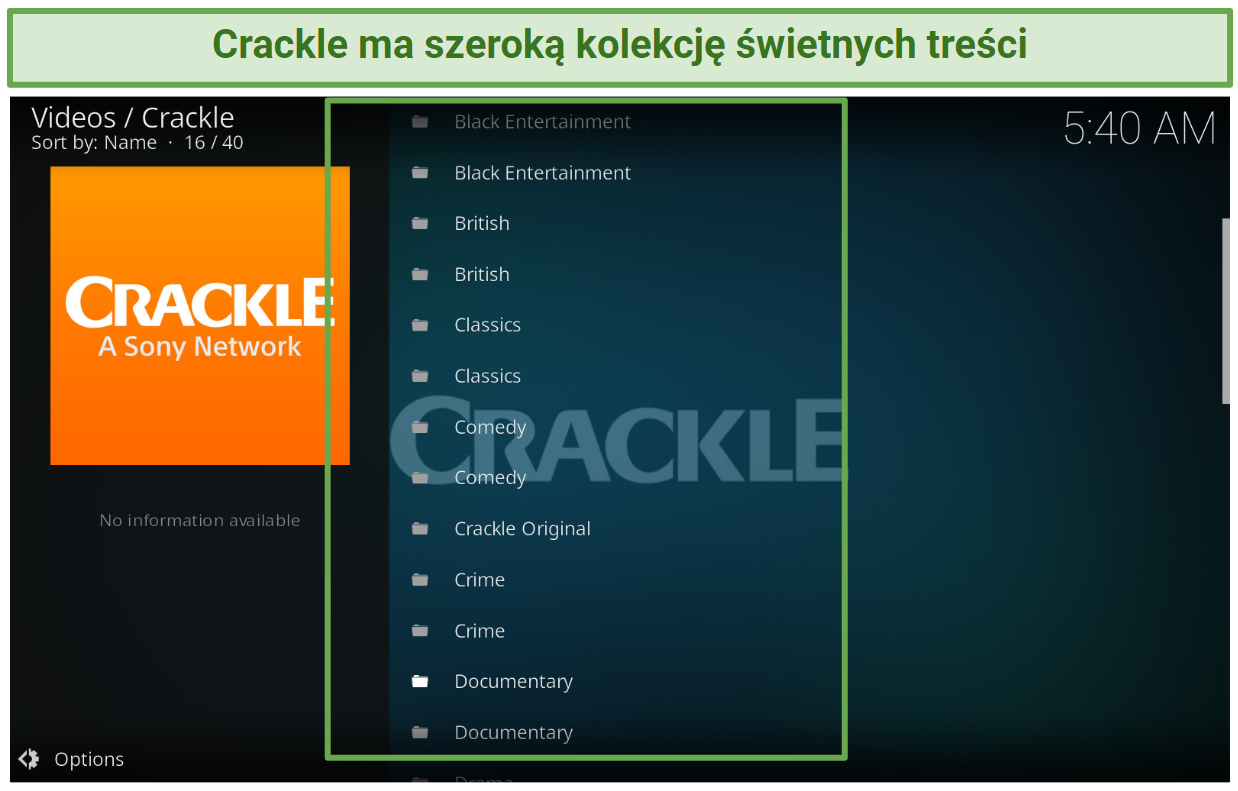 A screenshot showing the Crackle addon has a solid collection of great content.