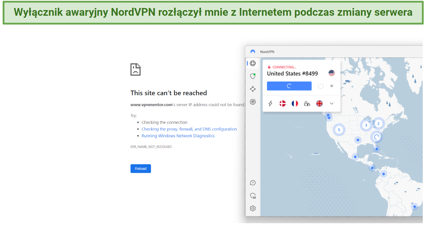 A screenshot showing NordVPN offers an effective kill switch