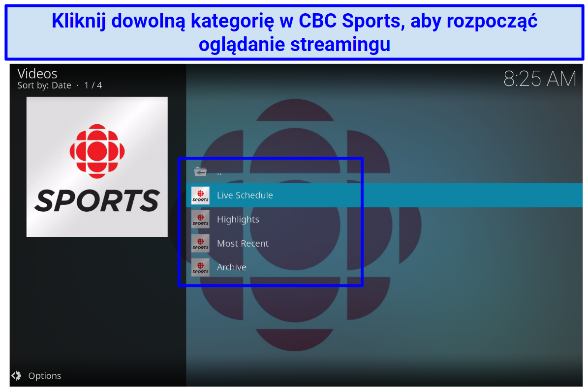 A screenshot showing the CBC Sports addon has a simple interface