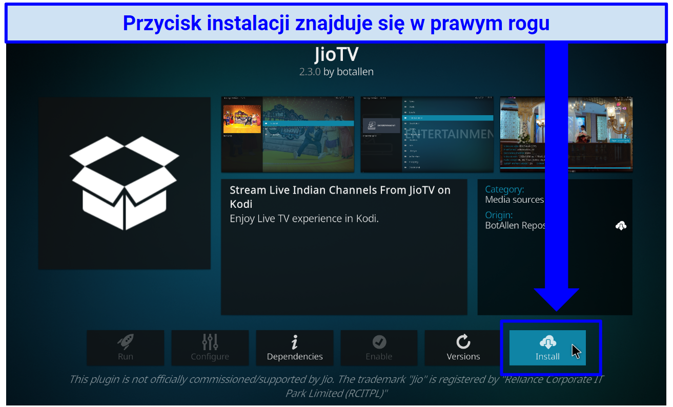 Screenshot showing the actual location of the Install tab on the JioTV addon.