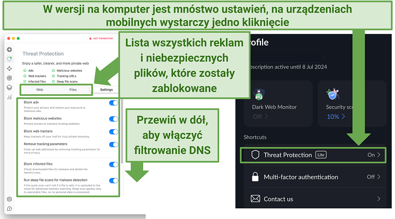 Screenshot showing NordVPN's Threat Protection ad blocker on desktop and mobile devices