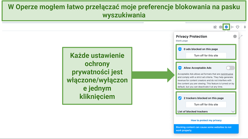 Screenshot showing how to toggle your privacy protection features on Opera browser