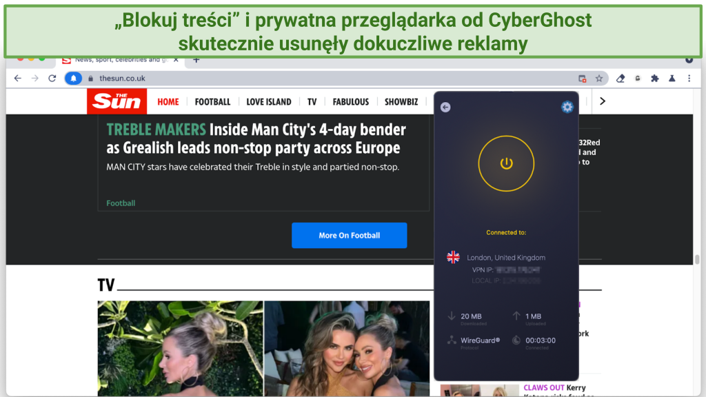 Screenshot showing an ad-free web page using CyberGhost's Block Content alongside its own Private Browser