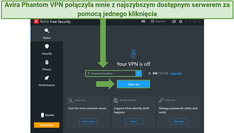 Screenshot of Avira Phantom VPN's user interface