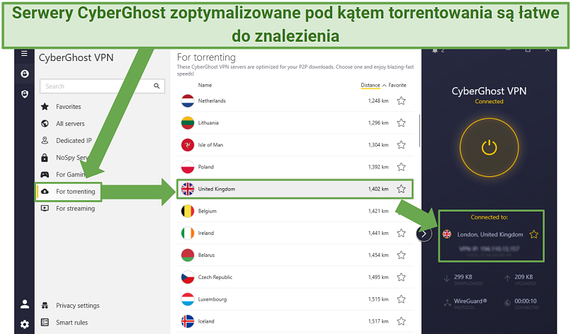 Screenshot of CyberGhost's in-app list of torrenting servers