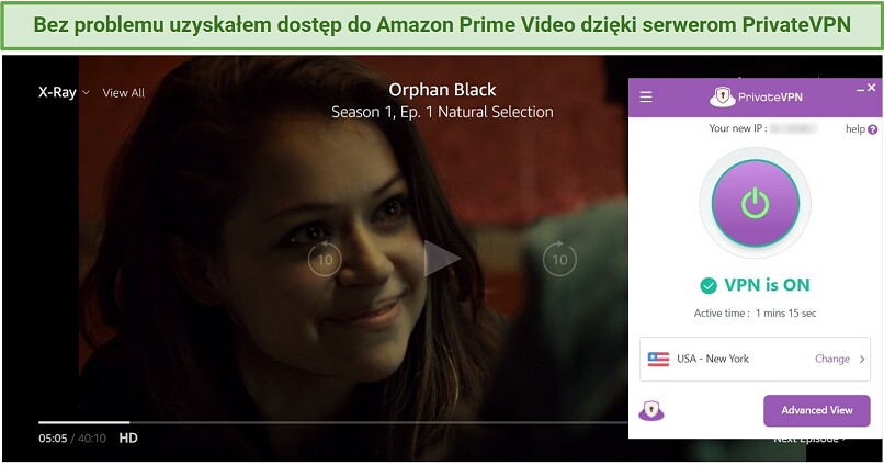 Screenshot of PrivateVPN successfully unblocking Amazon Prime Video