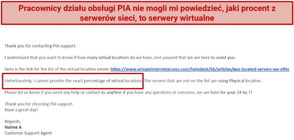 Screenshot of an email with PIA support where they don't know what percentage of their servers are virtual