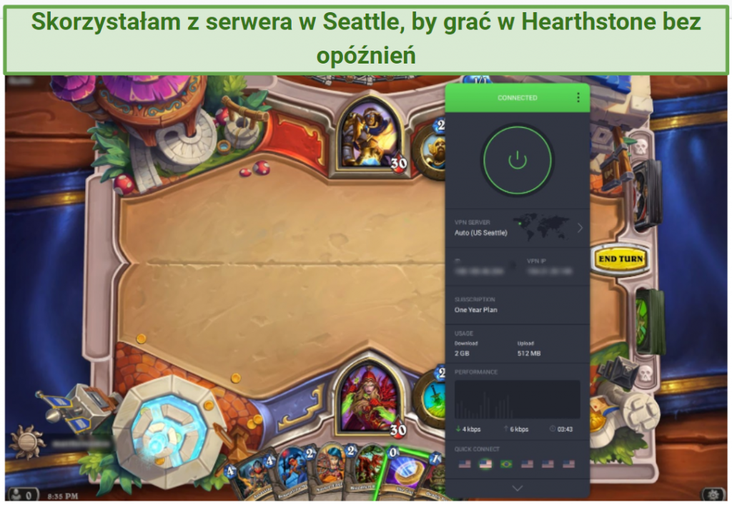 Screenshot of Hearthstone game played while connected to Private Internet Access