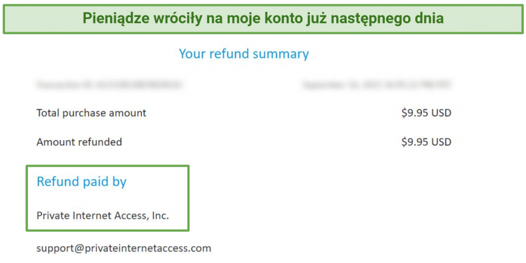 Screenshot of a refund issued by Private Internet Access