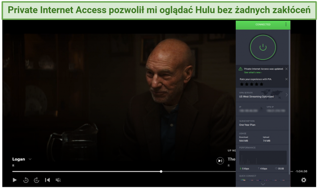 Screenshot of Hulu player streaming Logan unblocked with Private Internet Access