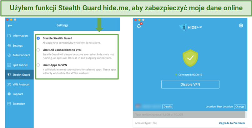 Screenshot of hideme's Stealth Guard feature