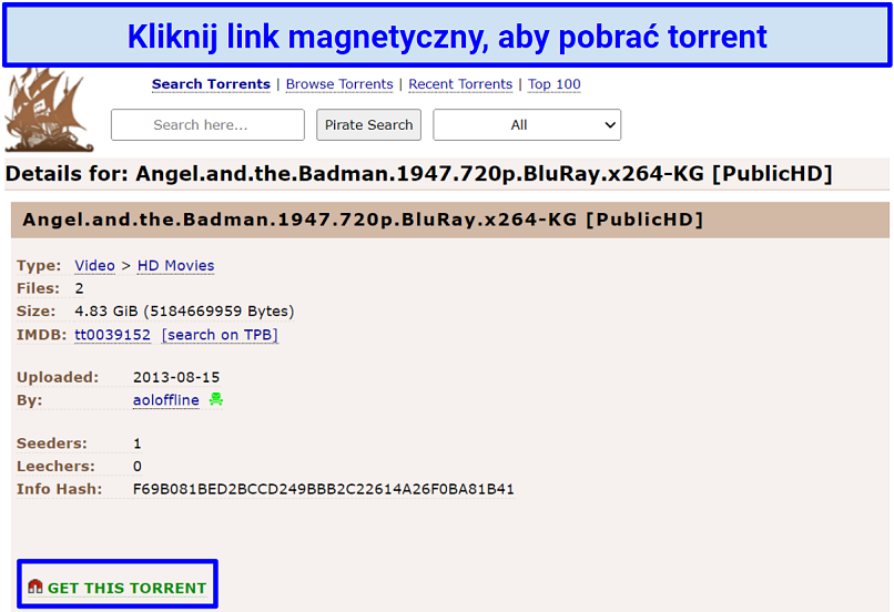 A snapshot showing how to download a torrent using uTorrent's magnetic link
