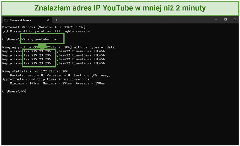 A screenshot showing how to find a website's IP address using the Windows Command Prompt program