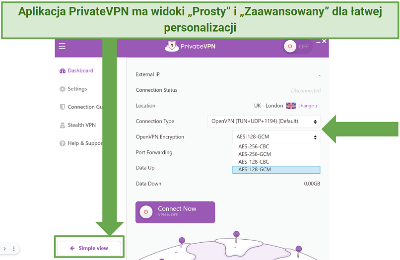 Screenshot of PrivateVPN's windows app showing its customizable settings in the Advanced view
