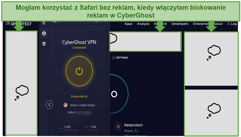 Zrzut ekranu pokazujący, jak skuteczna jest blokada reklam CyberGhost.