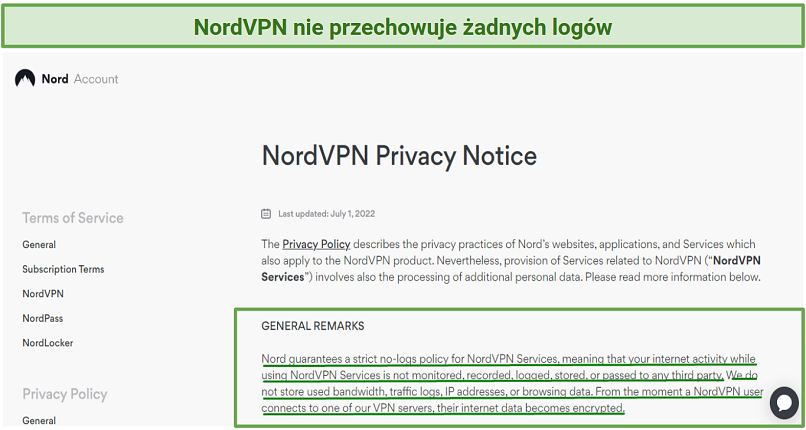 Zrzut ekranu pokazujący politykę prywatności NordVPN, która stwierdza, że nie loguje danych użytkowników.