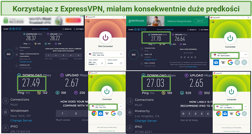 Zrzuty ekranu testów prędkości połączenia z niektórymi serwerami ExpressVPN