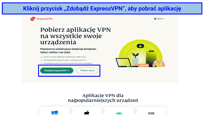 Screenshot of ExpressVPN's landing page to download the VPN app