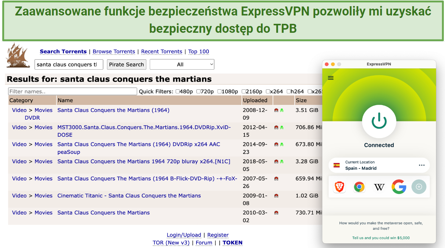 Screenshot showing the ExpressVPN app connected to Spain - Madrid over a search results page on The Pirate Bay