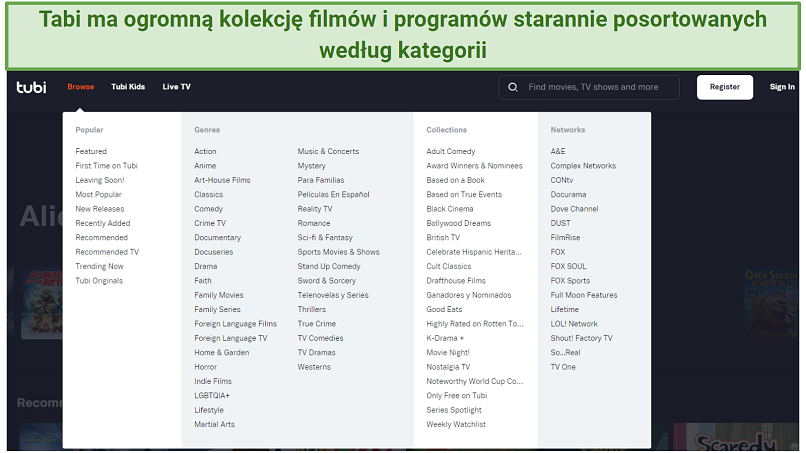 A screenshot showing Tubi nicely organizes its content into easy-to-find categories.