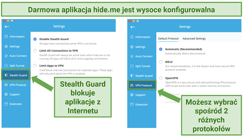 Screenshot of hideme's security features
