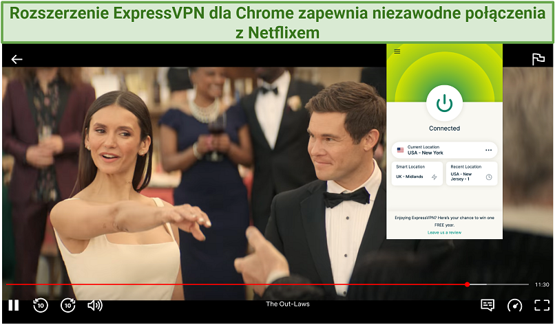 Zrzut ekranu z odtwarzania Netfliksa na przeglądarce Chrome z rozszerzeniem ExpressVPN podłączonym do serwera w Nowym Jorku