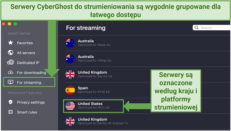 A screenshot showing CyberGhost's streaming-optimized servers on its macOS app