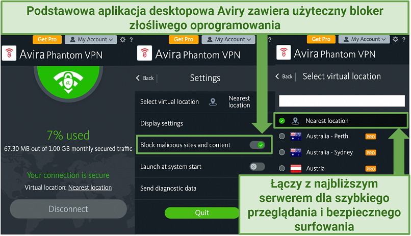 Screenshots of the Avira Phantom VPN app's home screen, settings menu, and server list