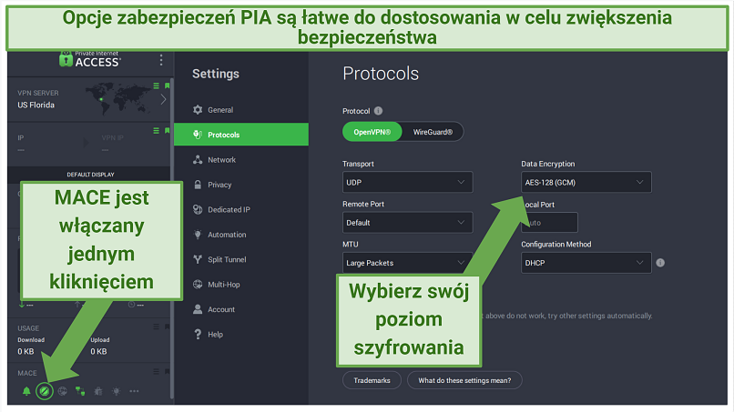 PIA Windows app displaying how to customize different security features and enable MACE