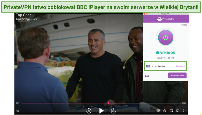 Screenshot of watching Top Gear on BBC iPlayer using PrivateVPN's UK server