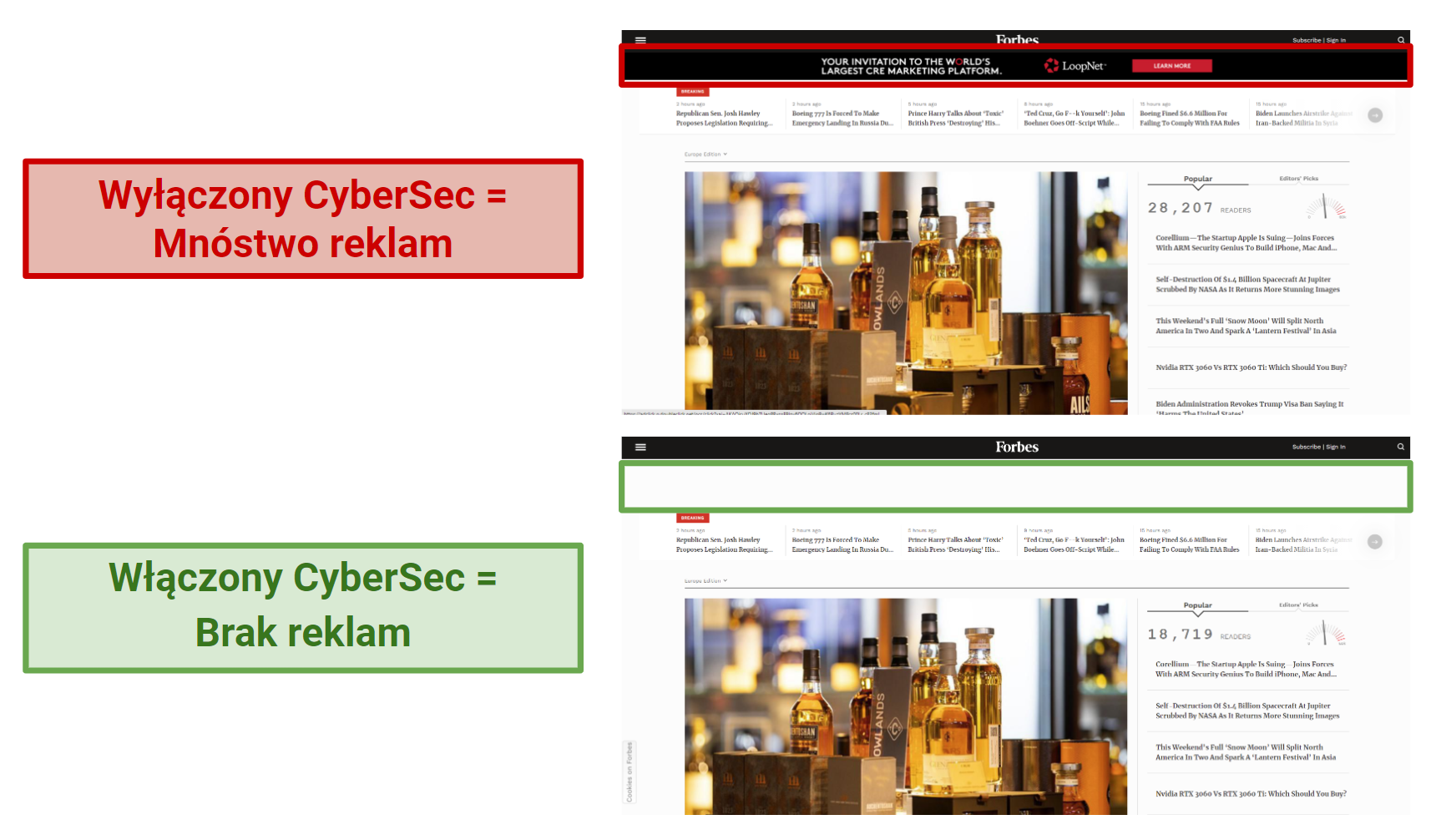 A screenshot of NordVPN's CyberSec feature blocking ads