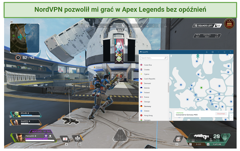 A screenshot of playing Apex Legends with NordVPN
