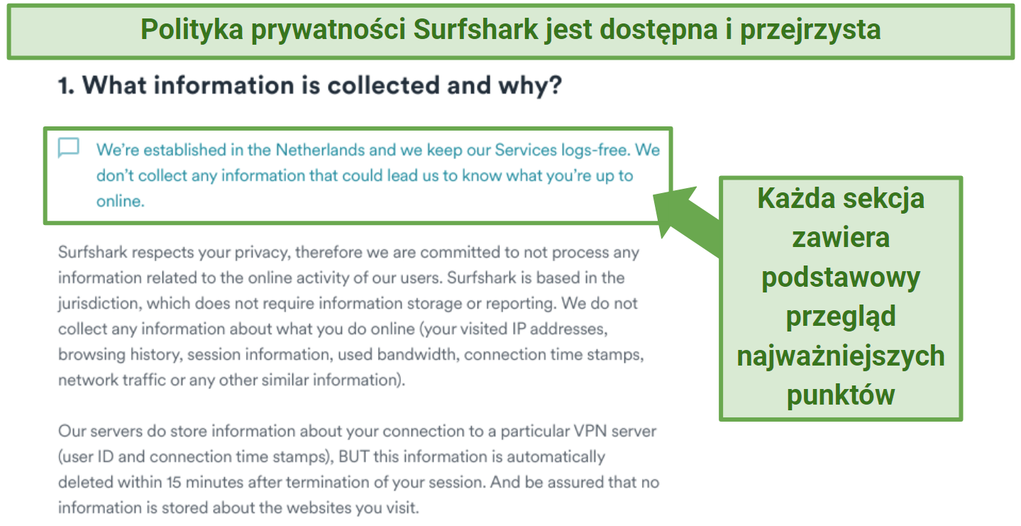 Screenshot showing Surfshark's privacy policy ensuring it stores no identifiable data
