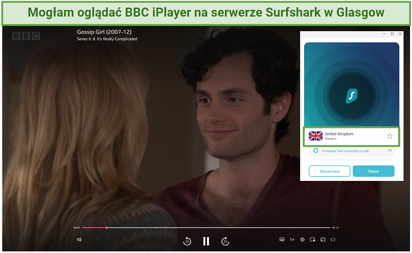 Screenshot of BBC iPlayer streaming Gossip Girl while connected to Surfshark's Glasgow server