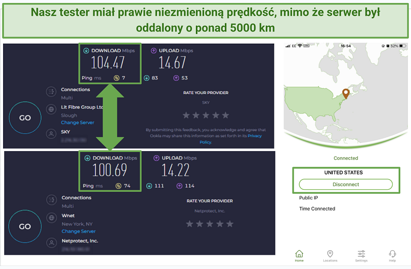 Screenshot of IPVanish's speed tests on long-distance servers in New York